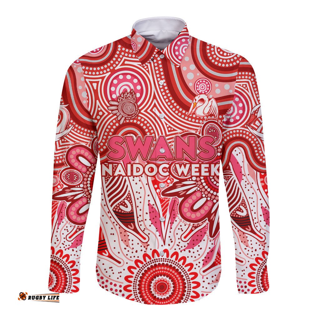 Personalised Swans NAIDOC Week 2024 Long Sleeve Button Shirt Aussie Aboriginal Art