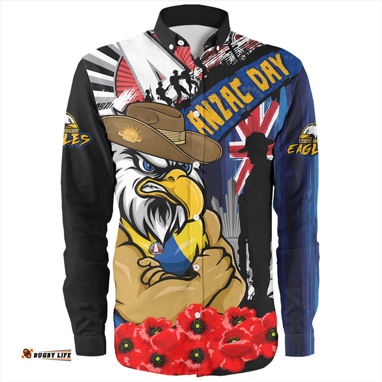West Coast Eagles Long Sleeve Button Shirt Anzac Day Honor United In Spirit