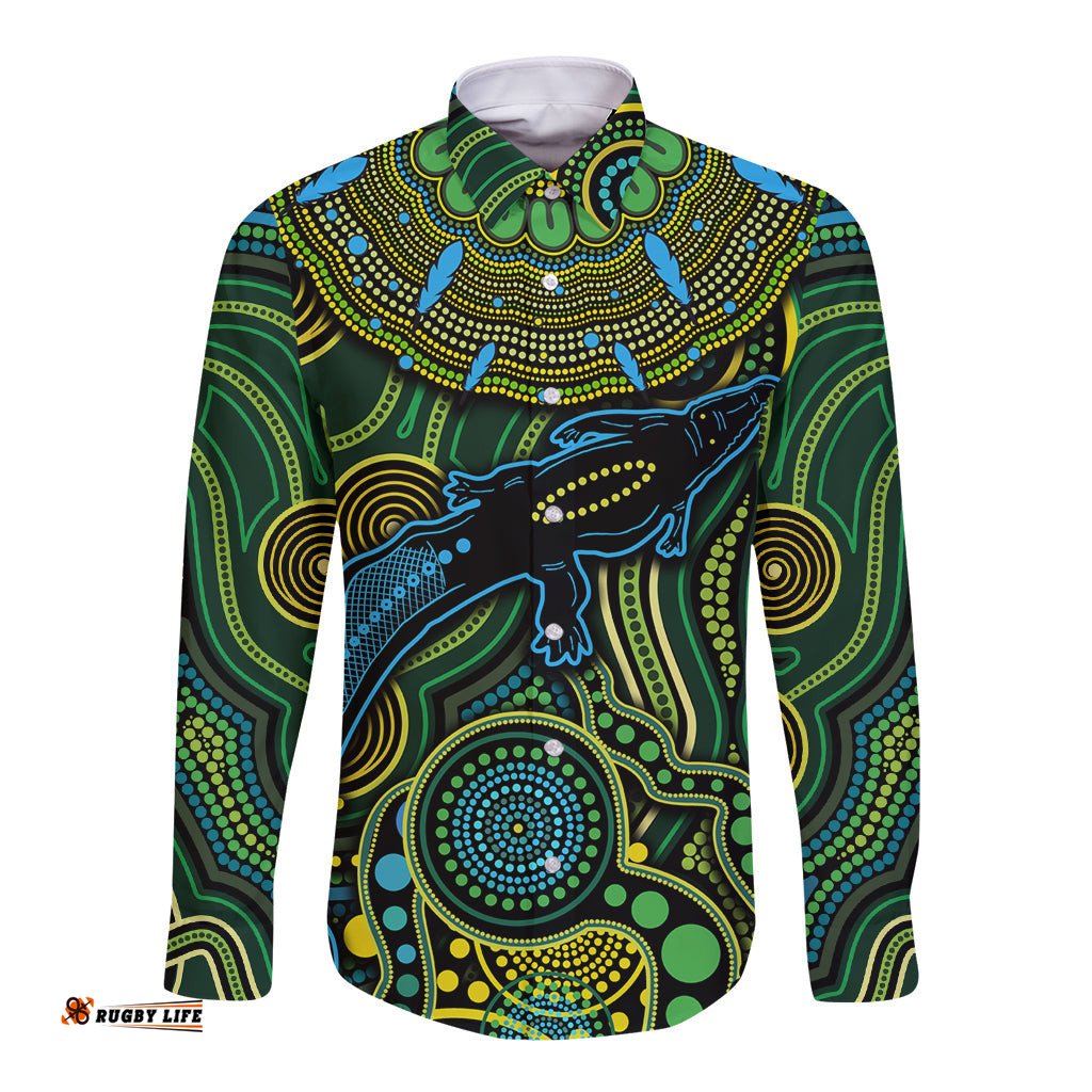 Aboriginal Green - Crocodine Abstract Art Pattern Long Sleeve Button Shirt TS04
