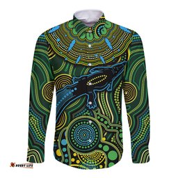 Aboriginal Green - Crocodine Abstract Art Pattern Long Sleeve Button Shirt TS04