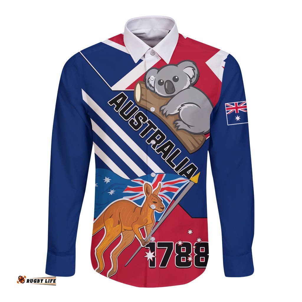 Australia Day Kangaroo and Koala With Flag Long Sleeve Button Shirt