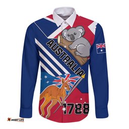Australia Day Kangaroo and Koala With Flag Long Sleeve Button Shirt
