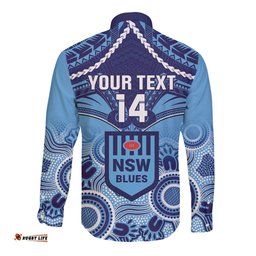Custom NSW Blues Rugby Long Sleeve Button Shirt Aboriginal Mix Polynesian Pattern