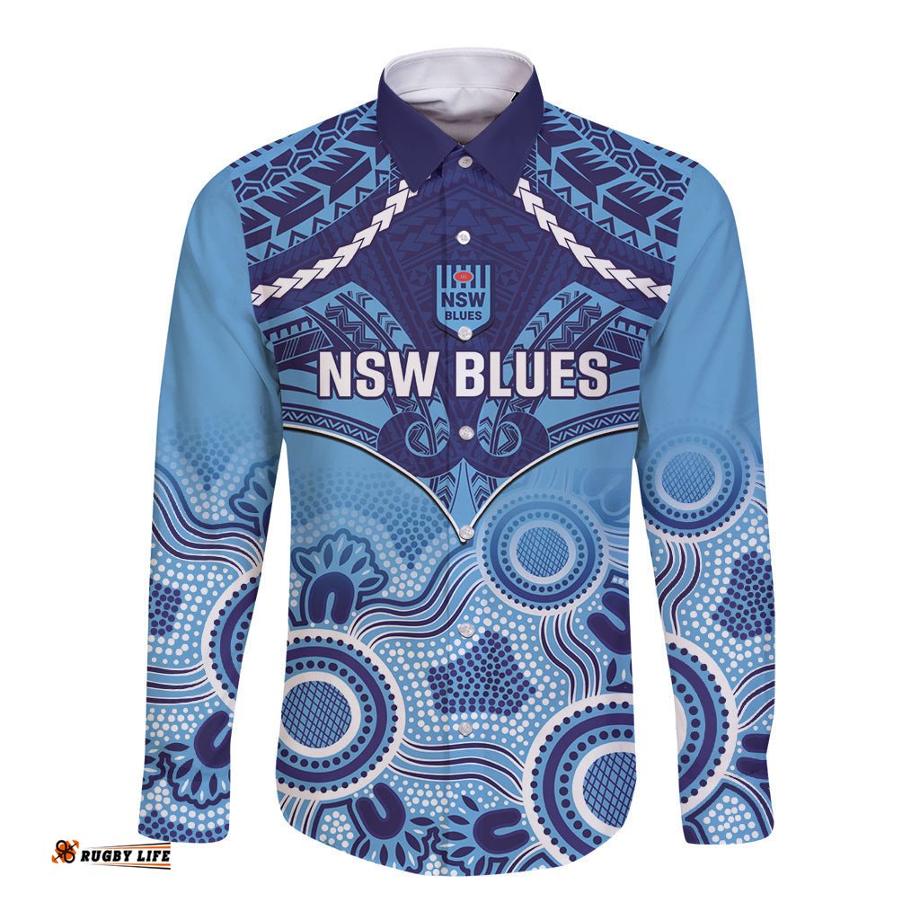 Custom NSW Blues Rugby Long Sleeve Button Shirt Aboriginal Mix Polynesian Pattern