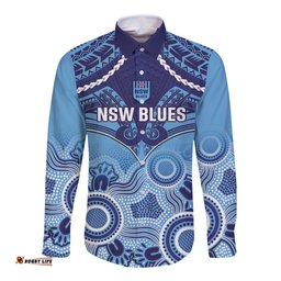 Custom NSW Blues Rugby Long Sleeve Button Shirt Aboriginal Mix Polynesian Pattern
