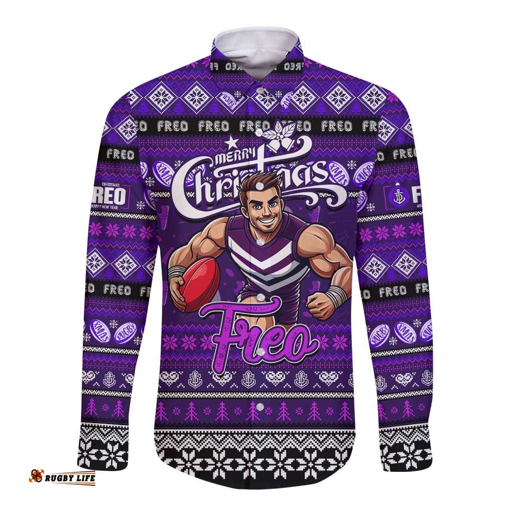 Personalized Freo Football Xmas Long Sleeve Button Shirt Australia AFL Mascot