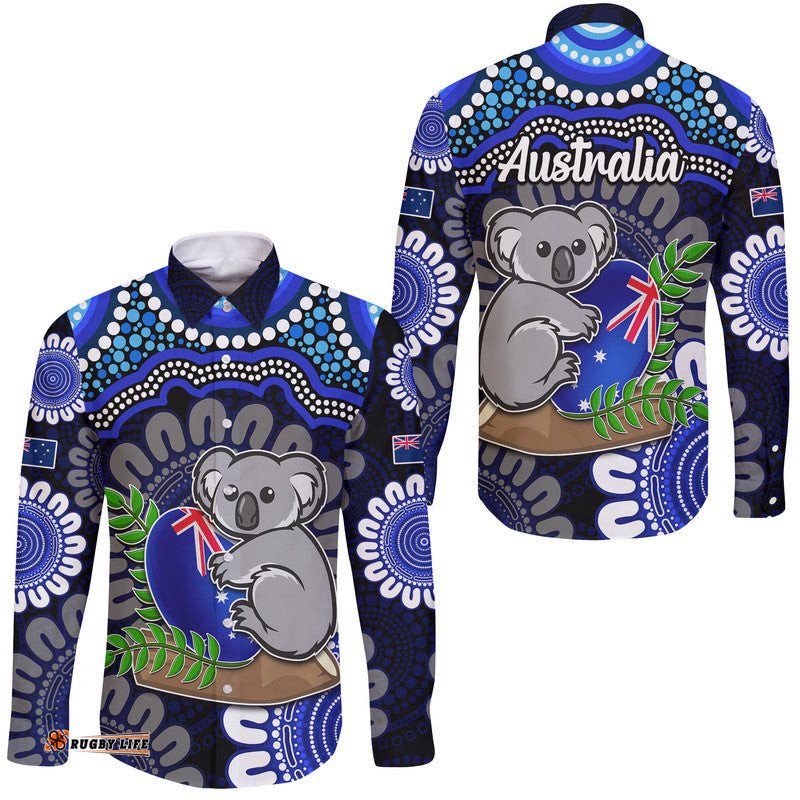 Australia Koala Aboriginal Hawaii Long Sleeve Button Shirt Koala Hugging Rugby Ball Blue
