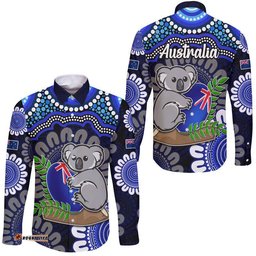 Australia Koala Aboriginal Hawaii Long Sleeve Button Shirt Koala Hugging Rugby Ball Blue