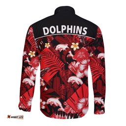 Dolphins Rugby Long Sleeve Button Shirt Fashion Tropical Jungle Flowers