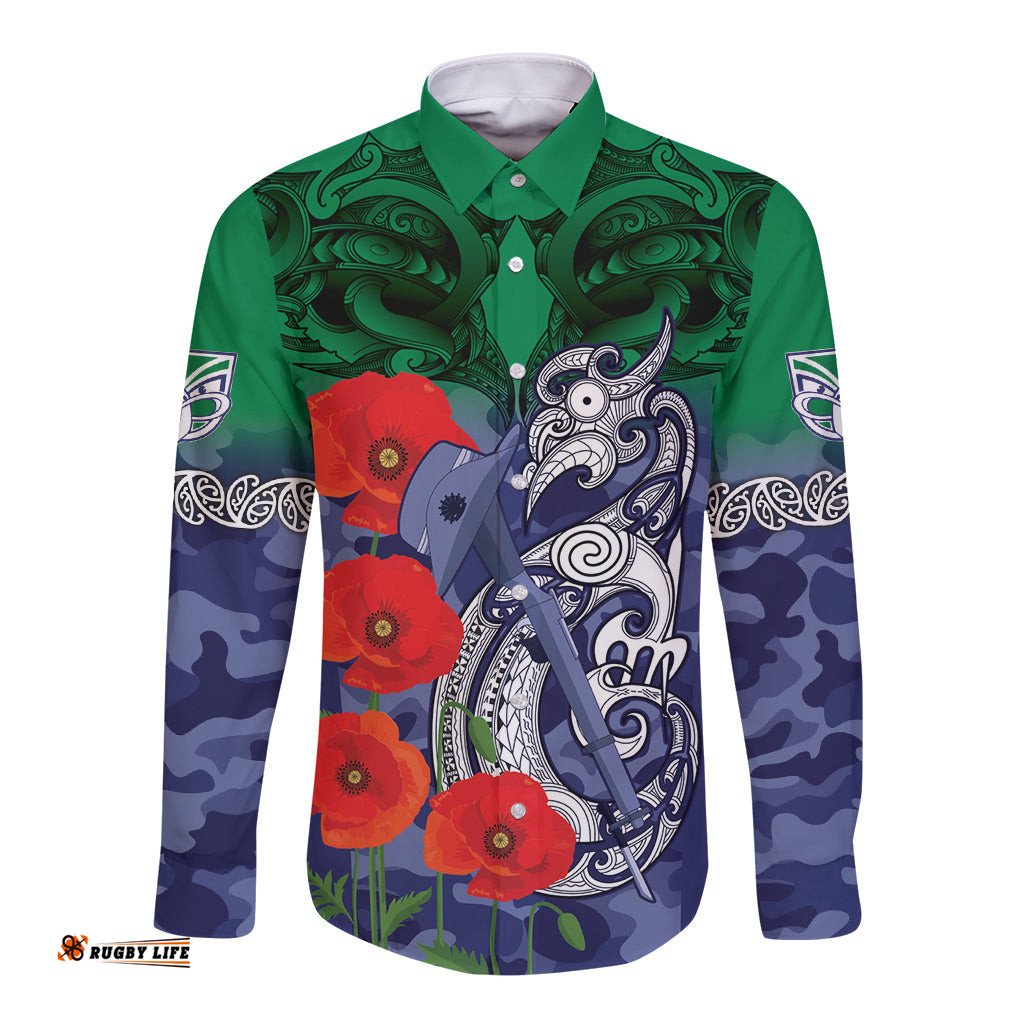 Custom Warriors Rugby ANZAC Long Sleeve Button Shirt Gallipoli Soldier With Aboriginal Art