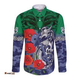 Custom Warriors Rugby ANZAC Long Sleeve Button Shirt Gallipoli Soldier With Aboriginal Art