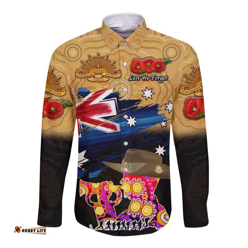 Custom Personalised Australia Aboriginal ANZAC Hawaii Long Sleeve Button Shirt Remembrance Vibes Gold
