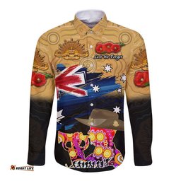 Custom Personalised Australia Aboriginal ANZAC Hawaii Long Sleeve Button Shirt Remembrance Vibes Gold