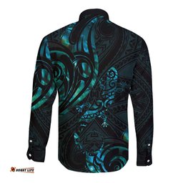 New Zealand Skink Long Sleeve Button Shirt Aotearoa Maori Mix Paua Shell