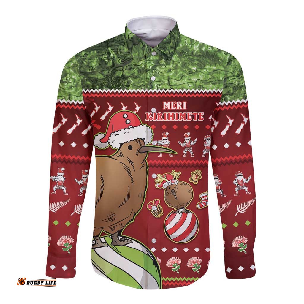 New Zealand Kiwi Christmas Long Sleeve Button Shirt Paua Shell Glitter Green