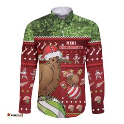 New Zealand Kiwi Christmas Long Sleeve Button Shirt Paua Shell Glitter Green