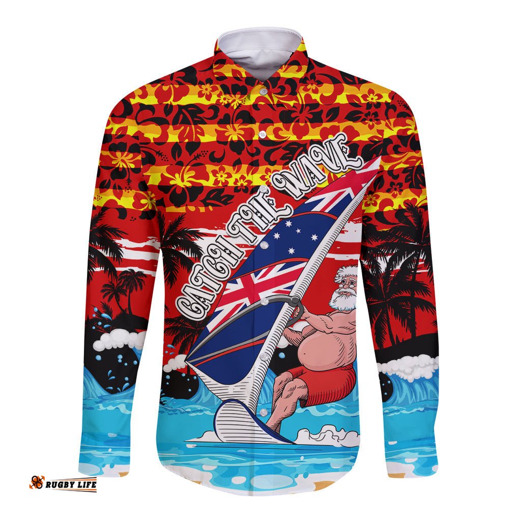 Australia Surfing Christmas Long Sleeve Button Shirt Catch The Wave