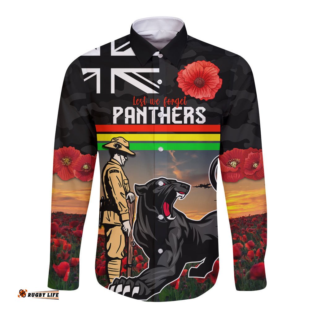 Custom Panthers Rugby ANZAC Day Long Sleeve Button Shirt Soldiers Poppy Field 2024
