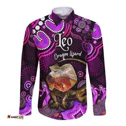 Custom Personalised Australian Astrology Hawaii Long Sleeve Button Shirt Leo Dragon Lizard Zodiac Aboriginal Vibes Pink