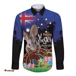 Personalised Australia Easter Day Long Sleeve Button Shirt Aussie Bilby Aboriginal Art