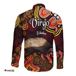 Australian Astrology Hawaii Long Sleeve Button Shirt Virgo Echidna Zodiac Aboriginal Vibes Red