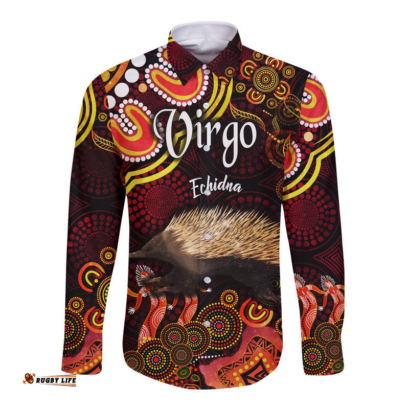 Australian Astrology Hawaii Long Sleeve Button Shirt Virgo Echidna Zodiac Aboriginal Vibes Red