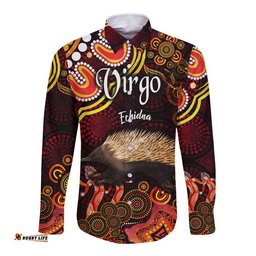Australian Astrology Hawaii Long Sleeve Button Shirt Virgo Echidna Zodiac Aboriginal Vibes Red