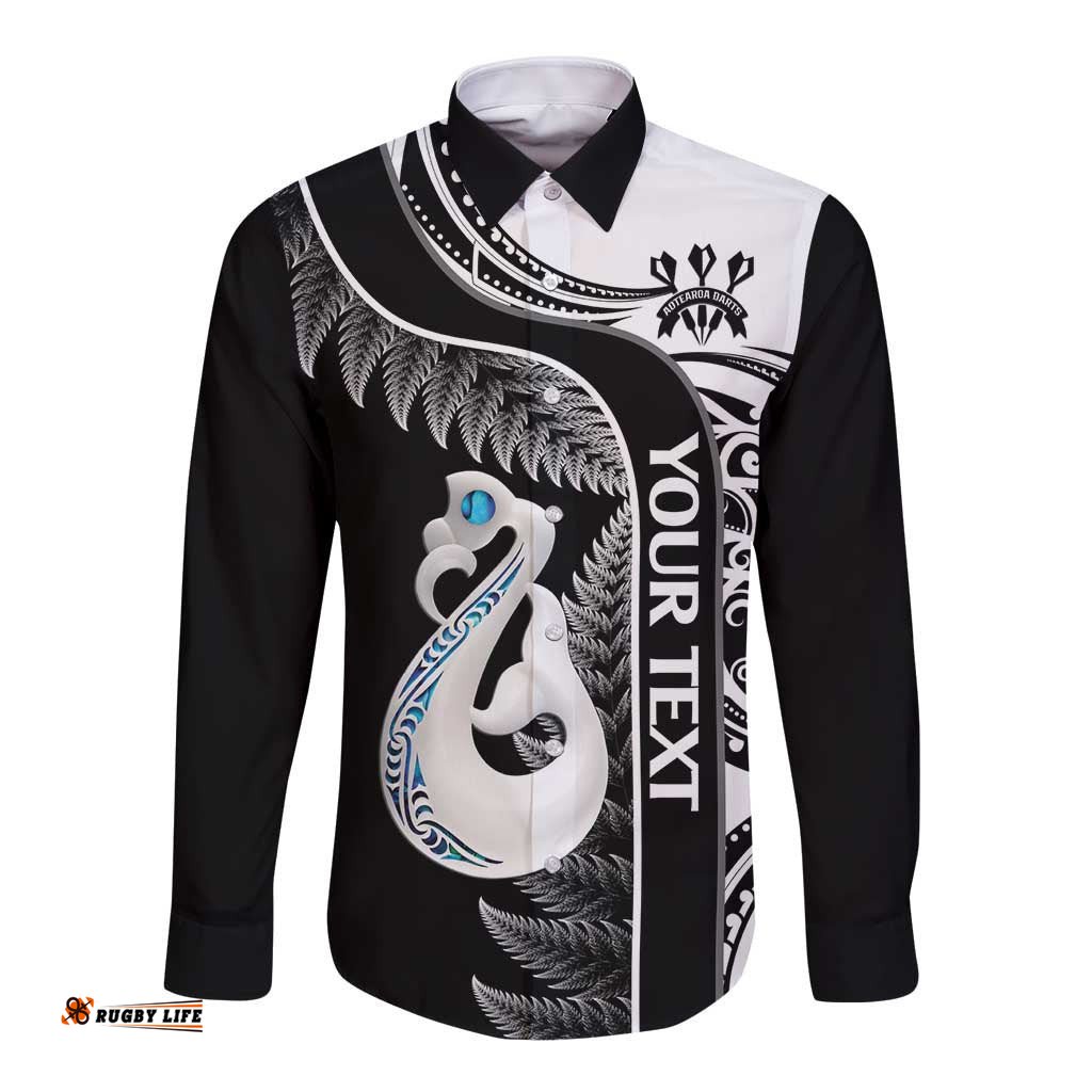 Personalised New Zealand Darts Long Sleeve Button Shirt Aotearoa Fern Mix Paua Shell Manaia Black