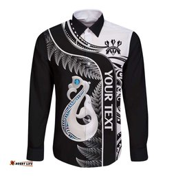 Personalised New Zealand Darts Long Sleeve Button Shirt Aotearoa Fern Mix Paua Shell Manaia Black
