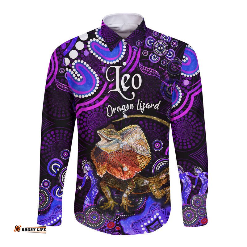 Custom Personalised Australian Astrology Hawaii Long Sleeve Button Shirt Leo Dragon Lizard Zodiac Aboriginal Vibes Purple