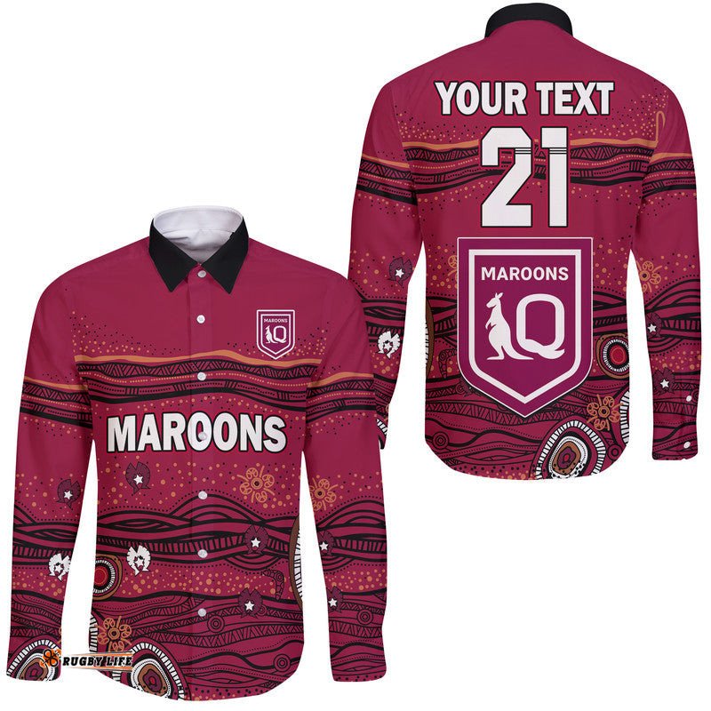 Custom Personalised QLD Maroons Rugby Hawaii Long Sleeve Button Shirt Indigenous