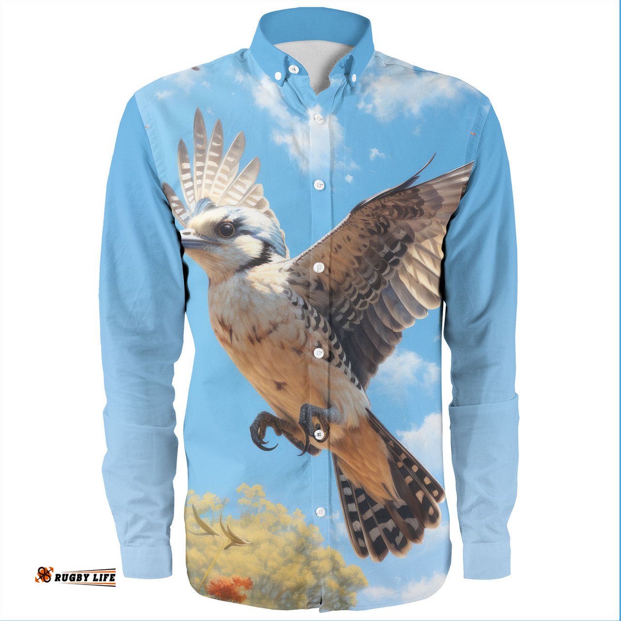 Australia Kookaburra Long Sleeve Button Shirts - Flying Kookaburra with Blue Sky Long Sleeve Button Shirts