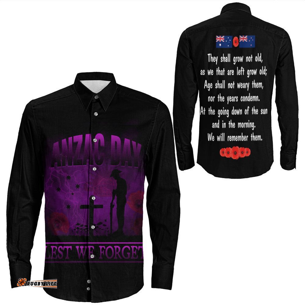 Anzac Day Remember Australia & New Zealand Purple Long Sleeve Button Shirt