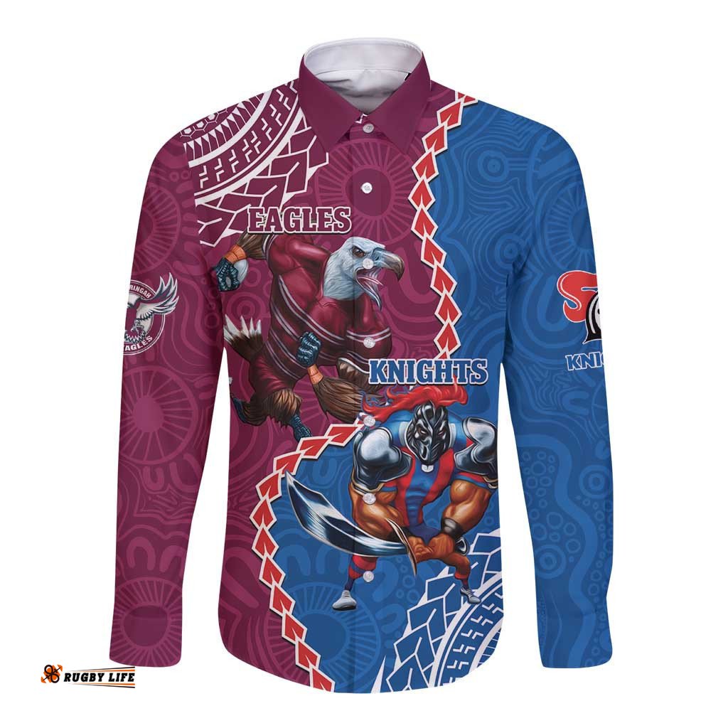 Personalised Eagles And Knights Rugby Long Sleeve Button Shirt Aboriginal Mix Polynesian Pattern
