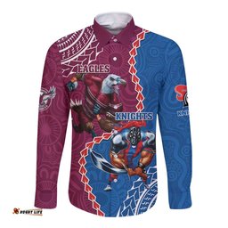 Personalised Eagles And Knights Rugby Long Sleeve Button Shirt Aboriginal Mix Polynesian Pattern