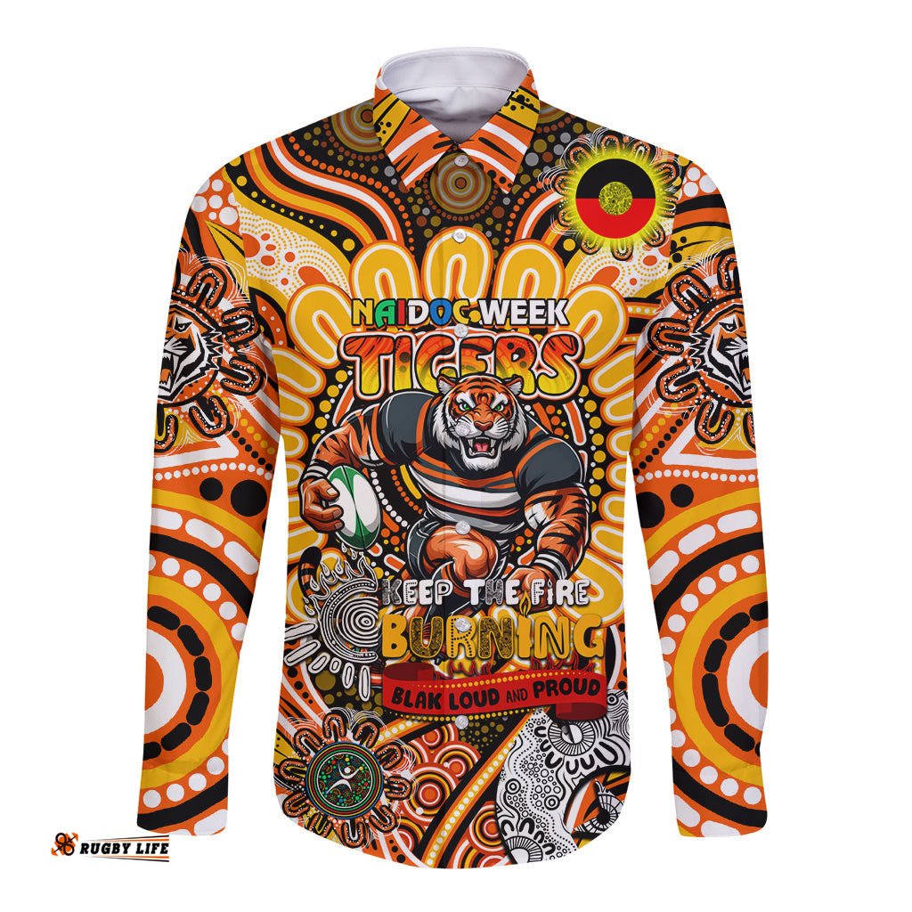 Custom NAIDOC Week 2024 Tigers Long Sleeve Button Shirt Mascot Rugby