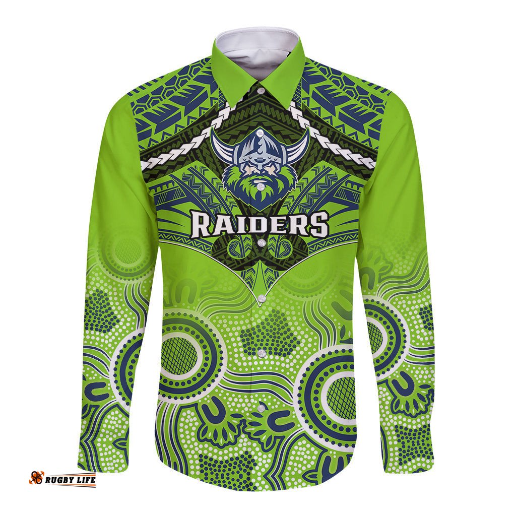 Personalised Raiders Rugby Long Sleeve Button Shirt Canberra 1981 Aboriginal Mix Polynesian Pattern