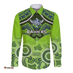 Personalised Raiders Rugby Long Sleeve Button Shirt Canberra 1981 Aboriginal Mix Polynesian Pattern