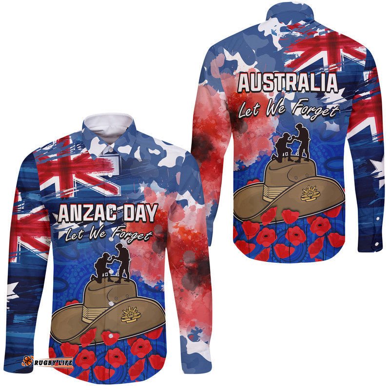 Australia ANZAC Day Hawaii Long Sleeve Button Shirt Grunge Australia Flag and Red Poppy