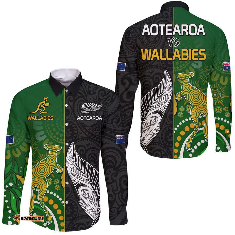 Aotearoa Rugby All Black Combine Australia Wallabies Hawaii Long Sleeve Button Shirt Aboriginal Kangaroo And Maori Fern