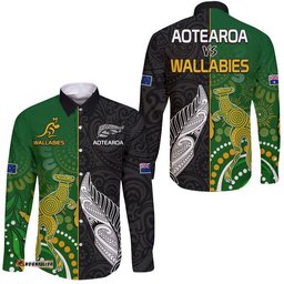 Aotearoa Rugby All Black Combine Australia Wallabies Hawaii Long Sleeve Button Shirt Aboriginal Kangaroo And Maori Fern