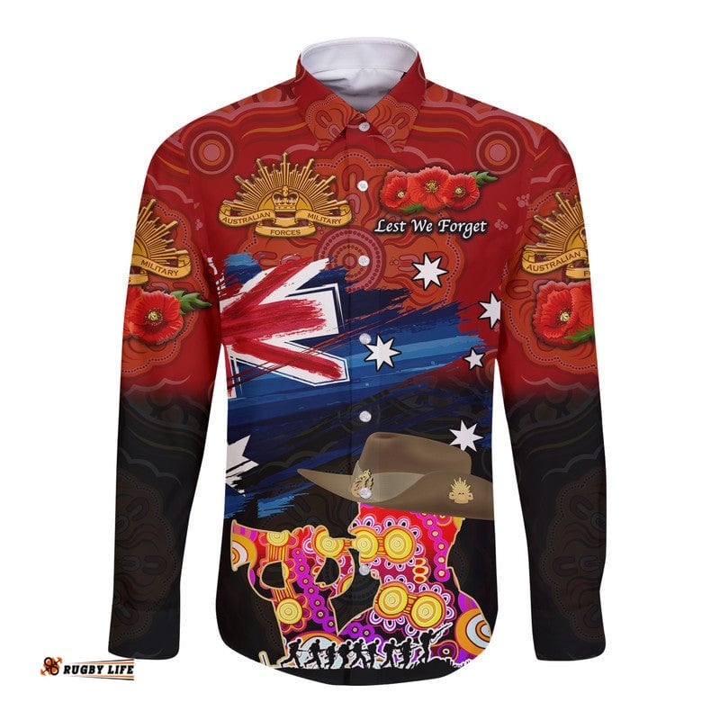 Custom Personalised Australia Aboriginal ANZAC Hawaii Long Sleeve Button Shirt Remembrance Vibes Red