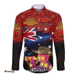 Custom Personalised Australia Aboriginal ANZAC Hawaii Long Sleeve Button Shirt Remembrance Vibes Red
