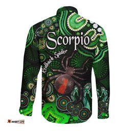 Australian Astrology Hawaii Long Sleeve Button Shirt Scorpio Redback Spider Zodiac Aboriginal Vibes Green