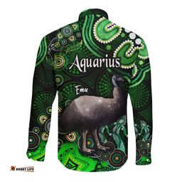 Australian Astrology Hawaii Long Sleeve Button Shirt Aquarius Emu Glider Zodiac Aboriginal Vibes Green