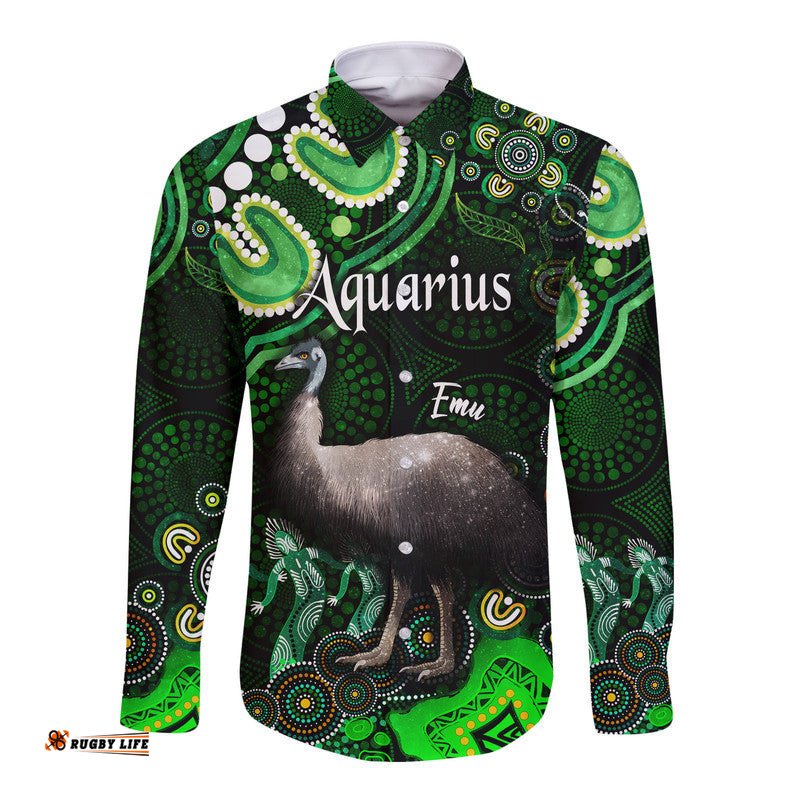 Australian Astrology Hawaii Long Sleeve Button Shirt Aquarius Emu Glider Zodiac Aboriginal Vibes Green