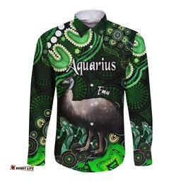 Australian Astrology Hawaii Long Sleeve Button Shirt Aquarius Emu Glider Zodiac Aboriginal Vibes Green