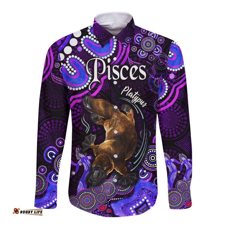 Australian Astrology Hawaii Long Sleeve Button Shirt Pisces Platypus Zodiac Aboriginal Vibes Purple