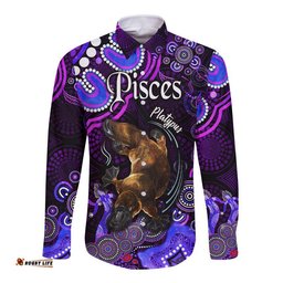 Australian Astrology Hawaii Long Sleeve Button Shirt Pisces Platypus Zodiac Aboriginal Vibes Purple