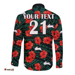 Custom Text And Number Rabbitohs Rugby Long Sleeve Button Shirt Polynesian Style With Hibiscus